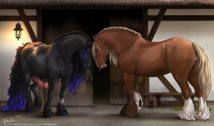 animal_genitalia animal_penis animal_vulva anus black_body black_fur black_mane black_tail blue_eyes blue_mane blue_tail bridge_piercing brown_body brown_eyes brown_fur building duo ear_piercing equine_anus equine_genitalia equine_penis equine_vulva erection eye_contact facial_piercing female female_feral feral fur genitals lamp lantern looking_at_another male male_feral mane medial_ring multiple_piercings nose_piercing nose_ring outside penis piercing puffy_anus quadruped ring_piercing septum_piercing septum_ring side_view smile tail tan_mane tan_tail vulva rufciu equid equine horse mammal 2025 dated hi_res signature