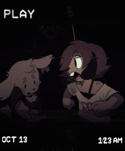 anthro brown_body brown_fur brown_hair camera_view clothing creepy duo fur hair knife looking_at_another male open_mouth open_smile running scared scary shirt smile teeth topwear undershirt white_body white_fur mangneto clover_(mangneto) canid canine canis domestic_dog ghost mammal spirit 2018 digital_drawing_(artwork) digital_media_(artwork) hi_res