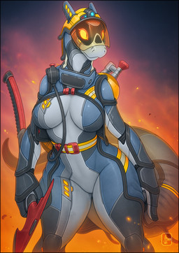anthro axe biped breasts clothed clothed_anthro clothed_female clothing female fingers front_view holding_object solo standing tail vader-san synth_(vader-san) 2026 digital_drawing_(artwork) digital_media_(artwork) hi_res