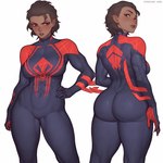 big_butt black_clothing blush brown_body brown_hair brown_skin butt claws clothing crossgender female hair humanoid_pointy_ears pointy_ears red_clothing red_eyes skull_symbol solo asura_(artist) marvel spider-man_(series) miguel_o'hara humanoid 1:1 hi_res