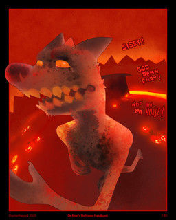 anthro black_border bodily_fluids bold_text border burnt crying dialogue food fruit homophobia homophobic_slur jack-o'-lantern lava male mountain orange_eyes orange_teeth plant pumpkin red_sky running sharp_teeth sky solo spikes spikes_(anatomy) tears teeth text sharkinthepark canid canine demon fox mammal 2025 4:5 absurd_res comic english_text hi_res