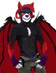 anthro blue_penis bulge clothed clothing fangs genitals half-closed_eyes horn looking_at_viewer male membrane_(anatomy) membranous_wings narrowed_eyes navel penis simple_background smile solo teeth topless unzipped white_background wings zipper fonyaa canid canine canis demon hybrid mammal wolf