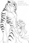 anthro duo female hug hugging_another intimate male nude romantic romantic_couple simple_background size_difference devilkitten_yami devilkitten jessiah canid canine felid mammal pantherine tiger monochrome