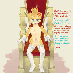anthro balls belt blush bodily_fluids body_blush boots butt cape chair chest_tuft clothed clothing cross-popping_vein crown cum cumshot dialogue ejaculation facial_tuft fangs floppy_ears footwear foreskin fur furniture genital_fluids genitals gloves handwear headgear humanoid_genitalia humanoid_penis kemono legwear looking_at_viewer male male_anthro mostly_nude multicolored_body multicolored_fur navel open_mouth penis penis_blush red_cape red_clothing shoes simple_background sitting solo tail teeth text thigh_boots thigh_highs throne topless tuft two_tone_body two_tone_fur white_balls white_belt white_body white_butt white_clothing white_fur white_gloves white_handwear white_legwear white_penis white_thigh_boots white_thigh_highs yellow_body yellow_fur young young_anthro young_male regcron crowl_(regcron) canid canine canis domestic_dog mammal 1:1 2025 english_text hi_res