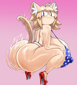 :3 american_flag_bikini big_breasts big_butt bikini blonde_hair blush bodily_fluids breasts butt clothed clothing directed_motion_outline feline_tail female flag_bikini flag_swimwear footwear glistening glistening_breasts glistening_butt gradient_background hair high_heels huge_breasts huge_butt hyper hyper_breasts looking_at_viewer medium_hair nipple_outline red_clothing red_eyes red_footwear red_high_heels shoes simple_background skimpy smile smiling_at_viewer solo sweat sweaty_butt swimwear twerking two-piece_swimsuit united_states_of_america thecon tsukihime type-moon neco-arc animal_humanoid cat_humanoid felid felid_humanoid feline feline_humanoid humanoid mammal mammal_humanoid english_description hi_res shaded