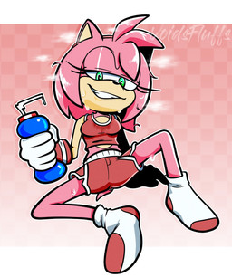 anthro athletic_wear bedroom_eyes bodily_fluids bottle bottomwear breasts clothing container eyelashes feet female fingers footwear fur gloves gym_bottomwear gym_shorts hair half-closed_eyes handwear holding_bottle holding_container holding_object narrowed_eyes pink_body seductive shorts simple_background sitting smile socks solo spread_legs spreading sweat sweatdrop tail toes topwear white_clothing white_footwear white_socks voidsdroids sega sonic_the_hedgehog_(series) amy_rose eulipotyphlan hedgehog mammal hi_res
