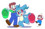 anthro arm_around_shoulder blue_body blue_eyes brown_hair claws clothing group hair hat headgear headwear identical_twins male overalls red_eyes smile trio monami_vee bandai_namco digimon mario_bros nintendo luigi mario digimon_(species) human mammal scalie veemon brother_(lore) brothers_(lore) sibling_(lore) twins_(lore)