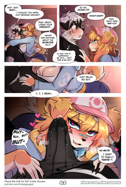 anthro anthro_on_anthro arms_around_neck aroused aroused_male bedroom_eyes big_breasts black_clothing black_nails black_shirt black_t-shirt black_topwear blush bodily_fluids bottomwear breasts clothed clothing colored_nails crop_top dialogue duo erection erection_under_bottomwear erection_under_clothing erection_under_pants exclamation_point female female_anthro first_person_view floppy_ears fur genital_fluids hat headgear headwear heart_eyes heart_symbol huge_breasts imminent_fellatio imminent_oral inside male male/female male_anthro nails narrowed_eyes open_mouth pants penis_on_cheek precum precum_bubble precum_through_clothing removing_pants seductive shirt sliding speech_bubble squish t-shirt tail tenting text topwear wet wet_clothing white_body white_fur wide_hips yellow_body yellow_fur breedypupper conditional_dnp nintendo pokemon blue_(breedypupper) jackie_(breedypupper) canid canine canis domestic_dog mammal nordic_sled_dog samoyed spitz absurd_res comic english_text hi_res url