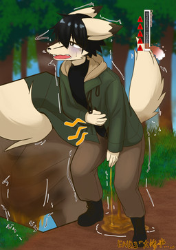 anthro black_boots black_clothing black_footwear black_hair black_shirt black_topwear bodily_fluids boots bottomwear brown_bottomwear brown_clothing brown_pants clothed clothing feces footwear forest fully_clothed fur genital_fluids grass hair hand_on_belly leaning leaning_forward male open_mouth outside pants plant rumbling_stomach shirt shoes sky snot soiling soiling_pants solo tail text tongue topwear tree urine urine_pool wetting white_body white_fur endoudouhu canid canine canis mammal wolf absurd_res english_text hi_res japanese_text