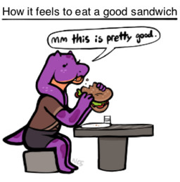 anthro clothed clothing dot_eyes eating female female_anthro fingers food holding_food holding_object open_mouth purple_body purple_scales purple_tail scales simple_eyes sitting solo spots tail text ncs keeshee reptile scalie snake 2026 english_text hi_res