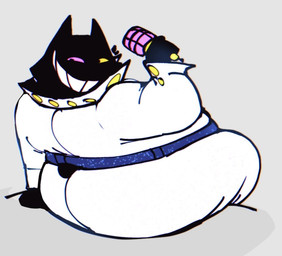 anthro belly belt biped black_body black_fur blue_belt bottomwear button_(fastener) claws clothing collared_shirt cuffs_(clothing) electronics fur glitter jacket male microphone overweight pants pawpads paws pink_eyes shirt simple_background solo teeth toothy_grin topwear whiskers white_bottomwear white_clothing white_jacket white_pants white_topwear yellow_button yellow_eyes killer_outlet deltarune undertale_(series) famous_fred friend_(deltarune) felid feline mammal 2025
