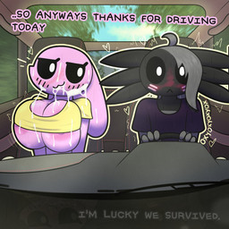after_sex ahoge anthro areola areola_slip bangs big_breasts black_body black_sclera blush bodily_fluids breasts car clothed clothing cum cum_drip day dialogue dripping driving duo emanata eyelashes facial_markings female floppy_ears front_view genital_fluids grey_hair hair head_markings heart_symbol huge_breasts inside_car inside_vehicle looking_at_another lop_ears male markings motion_lines nipple_slip nipples outside pink_body pink_ears plant sitting sky text topwear tree under_boob vehicle white_eyes yellow_clothing oxyoxyoxyox licorice_(oxyoxyoxyox) marshmallow_(oxyoxyoxyox) amphibian aquatic axolotl lagomorph leporid mammal mole_salamander rabbit salamander 1:1 2024 artist_name digital_drawing_(artwork) digital_media_(artwork) english_text hi_res