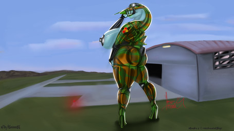 16:9 aircraft anthro biped breasts female giovannilol19 hangar hi_res large_female living_aircraft living_machine living_vehicle machine metallic_body nipples outside solo vehicle widescreen