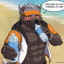 abs anthro beach bodily_fluids bottle claws clothing container cute_fangs dipstick_ears dipstick_tail ear_markings fangs fluffy fluffy_tail fur grey_body grey_fur hair happy hat headgear headwear jacket looking_at_viewer male markings multicolored_ears muscular muscular_male pawpads pecs reaching_towards_viewer red_eyes smile solo sweat tail tail_markings teeth text topwear tuft visor_cap water_bottle white_hair yellow_sclera fftempest lifewonders tokyo_afterschool_summoners tadatomo_(tas) canid mammal 1:1 half-length_portrait hi_res portrait