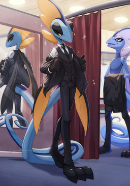 5_fingers anthro biped blue_body blue_tail bottomwear clothed clothed_anthro clothed_male clothing duo fingers front_view fully_clothed fully_clothed_anthro fully_clothed_male male smile standing tail topwear donutella nintendo pokemon rene_(donutella) generation_8_pokemon inteleon pokemon_(species) 2025 absurd_res digital_drawing_(artwork) digital_media_(artwork) hi_res