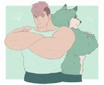 anthro back_to_back barazoku big_muscles black_sclera bone clothing fur green_body green_fur grey_body grey_fur hair hand_fan looking_at_viewer male muscular muscular_anthro muscular_male pecs red_hair shirt solo tan_body tan_skin tank_top topwear white_clothing white_shirt white_tank_top white_topwear yellow_eyes nogitu all_saints_street mythology vladimir_elliot_kirilenko canid canine canis human mammal mythological_canine mythological_creature werecanid werecanine werecreature werewolf wolf half-length_portrait hi_res portrait