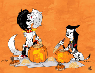 alternative_fashion anthro arm_warmers armwear black_hair black_nose candle carving clothed clothing collar crouching digitigrade eyelashes female feral fingerless_gloves floppy_ears food fruit fur gloves gold_spikes goth hair halloween_decoration handwear head_tuft heterochromatic_ears holding_knife holding_object holding_tool holidays jack-o'-lantern jacket kneeling knife leg_markings legwear long_tail looking_at_another markings multicolored_hair open_mouth orange_background plant pointy_ears pumpkin pumpkin_carving pumpkin_seeds punk red_collar red_eyes screencap side_view simple_background sitting smile socks_(marking) spiked_collar spikes studded_collar studs tail tail_tuft textured_background thick_lines three-quarter_view tools topwear tuft vest white_body white_fur unclescooter 101_dalmatian_street 101_dalmatians disney halloween dill_(luxioboi) dorothy_(101_dalmatians) dorothy_de_vil fan_character canid canine canis dalmatian domestic_dog mammal 2022 digital_media_(artwork) flat_colors signature watermark