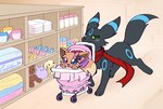 baby_bottle black_body bow_(feature) brown_body clean_diaper clothing daww diaper duo female feral folded_diaper fur furniture happy heterochromia male pacifier plushie scarf shelf shopping sippy_cup smile stroller tail young young_female young_feral pukopop nintendo pokemon gracie_(sweetcupcake) kurai_(kuraibre) canid eevee eeveelution generation_1_pokemon generation_2_pokemon mammal pokemon_(species) shiny_pokemon umbreon hi_res daughter_(lore) father_(lore) father_and_child_(lore) father_and_daughter_(lore) parent_(lore) parent_and_child_(lore) parent_and_daughter_(lore)