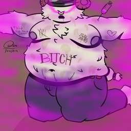 arm_tattoo bdsm belly belly_tattoo belt big_belly bodily_fluids bondage bottomwear bound breast_tattoo breasts chest_tattoo clothing covered_eyes cum cum_on_belly cum_on_body cummed drooling drugged drugs forced gas genital_fluids hair injection intelligence_loss intoxication_play kidnapping kneeling male messy_hair mind_control overweight overweight_male pants piercing questionable_consent saliva substance_intoxication tail tattoed tattoo fattydelta bovid caprine goat mammal 1:1 absurd_res hi_res