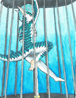 anthro blue_hair butt cage dancing female fin genitals hair nude pole pole_dancing solo vulva nyghtmar3 roxy_(nyghtmar3) aquatic fish requiem_shark shark tiger_shark shaded traditional_media_(artwork)