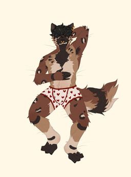 anthro armpit_hair band_(marking) banded_tail black_body black_fur body_hair brown_body brown_fur cheek_tuft chest_hair clothing covered_eyes facial_piercing facial_tuft fluffy fluffy_tail fur fur_markings hairy_legs heart_symbol leg_markings male markings multiple_piercings nose_piercing nose_ring piercing pinup_poster pointy_ears pose ring_piercing scruffy septum_piercing septum_ring sharp_teeth smile smiling_at_viewer solo tail tail_markings tan_body tan_fur teeth thick_thighs tuft underwear unknown_artist african_wild_dog canid canine mammal full-length_portrait hi_res pinup portrait