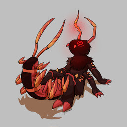 4_arms ambiguous_gender anthro brown_body brown_fur claws confusion fur grey_background multi_arm multi_limb orange_body pain raised_tail red_body red_claws simple_background sitting sitting_on_ground solo spiral spiral_eyes tail wounded privafuchsia kaiju_paradise arthropod centipede crawlipede_(kaiju_paradise) gootraxian myriapod 2026 digital_drawing_(artwork) digital_media_(artwork) hi_res