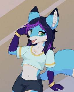 anthro arm_support biped black_bottomwear black_clothing black_hair black_markings black_nose black_shorts blue_body blue_fur bottomwear bracelet breasts cheek_tuft chest_tuft clothed clothing countershade_face countershade_fur countershade_torso countershading crop_top dipstick_ears dipstick_tail ear_markings eyebrows facial_tuft female fur gloves_(marking) hair highlights_(coloring) inner_ear_fluff jewelry leaning leaning_backward leg_markings looking_at_viewer markings medium_hair midriff multicolored_body multicolored_ears multicolored_fur navel open_mouth purple_highlights shirt shorts simple_background small_breasts socks_(marking) solo tail tail_markings teeth tongue topwear tuft two_tone_body two_tone_fur white_body white_clothing white_countershading white_crop_top white_fur white_inner_ear_fluff white_markings white_topwear jamesfoxbr canid canine fox mammal 2026 hi_res