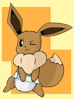 ambiguous_gender blush bodily_fluids brown_body brown_fur clean_diaper clothed clothing diaper diaper_only dipstick_tail feral fur looking_at_viewer markings multicolored_body multicolored_fur multicolored_tail one_eye_closed simple_background solo standing tail tail_markings tears topless two_tone_body two_tone_fur wearing_diaper white_body white_fur unknown_artist nintendo pokemon eevee generation_1_pokemon pokemon_(species) 3:4 hi_res source_request