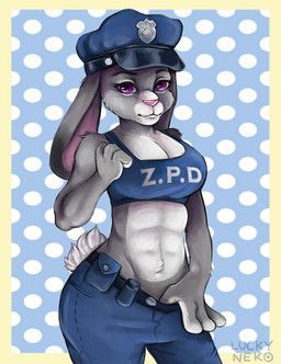 abs anthro border bottomwear breasts cleavage clothed clothing dotted_background female front_view fur grey_body grey_fur hat headgear headwear long_ears looking_at_viewer midriff navel pants pattern_background pink_nose police police_officer police_uniform purple_eyes seductive short_tail simple_background solo tail uniform yellow_border lucky-neko disney zootopia judy_hopps lagomorph leporid mammal rabbit 2016