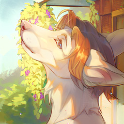 ambiguous_anthro ambiguous_gender anthro blue_sky brown_hair fur glistening glistening_eyes hair mouth_closed neck_tuft orange_eyes outside pink_nose plant short_hair side_view sky solo tan_body tan_ears tan_fur tuft justkiddinb canid canine mammal hi_res