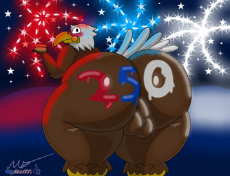 anthro balls beak big_butt blush bodily_fluids brown_body brown_feathers bubble_butt butt eating eating_food feathers fireworks food genitals holidays hot_dog huge_butt looking_at_viewer male night paint paint_on_butt pose solo sweat tail tail_feathers thick_thighs united_states_of_america wide_hips mgdire671 4th_of_july american_eagle accipitrid accipitriform avian bald_eagle bird eagle sea_eagle 2026 absurd_res digital_media_(artwork) hi_res pinup