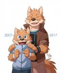 anthro blue_eyes clothed clothing countershading duo eyes_closed fur male one_eye_closed simple_background sweatband white_background wink takemoto_arashi takemoto canid canine canis domestic_dog mammal 2007 2017 hi_res