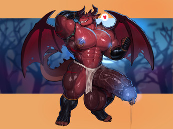 abs anthro armwear balls barazoku biceps big_balls big_muscles big_pecs big_penis black_armwear black_clothing black_legwear blue_glans blue_nipples blue_penis bodily_fluids bottomwear bottomwear_aside calf_muscles claws clothed clothing clothing_aside detailed_background duo ear_piercing erection flaccid genital_piercing genitals glans glowing glowing_eyes heart_symbol horn huge_balls huge_muscles huge_pecs huge_penis huge_thighs hyper hyper_balls hyper_genitalia hyper_penis legwear loincloth loincloth_aside male manly membrane_(anatomy) membranous_wings muscular muscular_anthro muscular_arms muscular_legs muscular_male muscular_thighs nipple_piercing nipple_ring nipples partially_clothed pecs penis penis_piercing piercing prince_albert_piercing quads red_body ring_piercing scar sharp_teeth smile solo spikes spikes_(anatomy) sweat sweaty_body tail teeth thick_arms thick_penis thick_thighs trapezius vein veiny_muscles veiny_penis white_bottomwear white_clothing white_loincloth wings cydonia_xia mythology nyrex demon dragon mythological_creature mythological_scalie scalie absurd_res hi_res