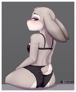 anthro black_clothing black_panties black_underwear blush border bottomwear bra breasts butt clothed clothing female fur grey_body grey_fur looking_at_viewer looking_back multicolored_body multicolored_fur panties purple_eyes sitting solo tail topwear two_tone_body two_tone_fur underwear wedgie white_border terrcofr disney zootopia judy_hopps european_rabbit lagomorph leporid mammal oryctolagus rabbit 2025 digital_media_(artwork) hi_res