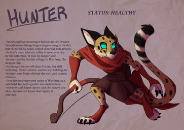 4_fingers anthro arrow_(weapon) bow_(weapon) clothed clothing description fingers fully_clothed fur green_eyes male markings ranged_weapon scarf simple_background solo spots spotted_body spotted_fur tail text weapon plaguedogs123 hunter_(spyro) cheetah felid feline mammal 2025 digital_drawing_(artwork) digital_media_(artwork) english_text hi_res model_sheet