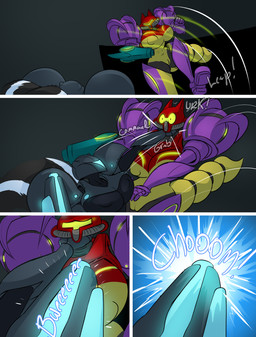 anthro big_breasts breasts duo female female/female laser nipple_outline strangling text thick_thighs wide_hips thebigbadwolf01 metroid nintendo star_fox dark_samus krystal_(star_fox) samus_aran canid canine fox mammal mephitid skunk absurd_res comic english_text hi_res