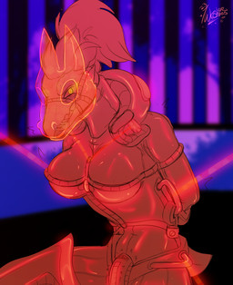 animal_mask anthro arm_spreader bdsm bodysuit bondage bound breasts chastity_device clothing energy_bondage female glaring hair handles_on_hips hands_behind_back hologram horse_mask kneeling laser laser_beam mask non-mammal_breasts non-mammal_hair ponytail restrained restraints sharp_teeth short_tail skinsuit solo spreader_bar tail teeth tight_clothing yellow_eyes yoke_(restraint) twoshoesmcgee halo_(series) microsoft xbox_game_studios vonna_yar alien kig-yar ruuhtian scalie colored
