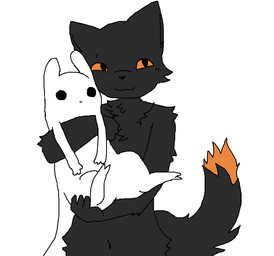 ambiguous_gender anthro black_body black_eyes black_fur black_nose chest_tuft dipstick_tail duo fur holding_character male markings navel orange_body orange_fur orange_sclera orange_tail_tip simple_background smile tail tail_markings tuft white_background white_body white_fur aluminumoxy casualties:_unknown gunsaw rain_world videocult survivor_(rain_world) canid canine expie_(gunsawian) fox gunsawian hybrid mammal murid murine rat rodent slugcat 2026 digital_drawing_(artwork) digital_media_(artwork)
