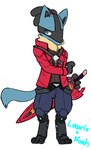 blue_eyes clothing fur male melee_weapon solo sword weapon ferrissimulator nintendo pokemon xenoblade_(series) xenoblade_chronicles xenoblade_chronicles_3 noah_(xenoblade) canid canine canis domestic_dog generation_4_pokemon lucario mammal pokemon_(species)