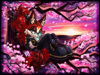 anthro big_ears boots cherry_blossom clothing drawing_(action) ear_piercing electronics eyewear female flower fluffy fluffy_tail footwear fur glasses hair inner_ear_fluff phone piercing plant prunus_(flower) red_body red_fur red_hair shoes solo sun sunset tail tail_hair tree tuft yellow_eyes skeletalheart sega sonic_the_hedgehog_(series) fan_character canid canine canis jackal mammal