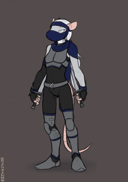 anthro armor black_clothing blue_eyes blue_mask clothed clothing dagger female fingerless_gloves fully_clothed fur gloves grey_body grey_fur hair handwear holding_dagger holding_melee_weapon holding_object holding_weapon mask melee_weapon simple_background solo standing weapon white_hair sealer4258 salju mammal murid murine rat rodent colored full-length_portrait hi_res portrait