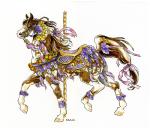 ambiguous_gender amusement_ride bridle brown_hair carousel daffodil_(flower) fashion_saddle feral flower hair lilac_(flower) multicolored_hair plant reins ribbons saddle simple_background solo tan_hair two_tone_hair white_background heather_bruton equid equine horse mammal 2008