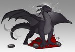 all_fours black_body black_scales claws crushed_vehicle eyes_closed feral horn male scales simple_background smile solo sparkles tail tail_motion tailwag wheel wings alduinred mythology dragon mythological_creature mythological_scalie scalie