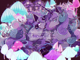 ambiguous_gender blue_eyes building duo eyelashes feral fungus glowing glowing_fungus glowing_mushroom holidays hooves horn house mane mushroom plant size_difference text white_body umearamy chinese_zodiac mythology new_year new_year_2026 nintendo pokemon year_of_the_horse equid equine galarian_form galarian_ponyta galarian_rapidash generation_8_pokemon mammal mythological_creature mythological_equine pokemon_(species) regional_form_(pokemon) unicorn 2026 4:3 english_text hi_res signature