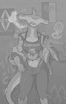 2020 anthro bottomwear brick_wall cigarette clothed clothing detailed_background electronics emanata english_text female fin fin_piercing fish fishnet_clothing fishnet_topwear front_view furgonomics furry-specific_piercing gills graffiti greyscale ground_shark hammerhead_shark hand_on_hip hi_res holding_object holding_phone jacket looking_at_viewer marine midriff monochrome pants phone piercing poster shark shirt signature smoking solo tattoo text text_on_clothing text_on_shirt text_on_topwear topwear torn_bottomwear torn_clothing torn_pants torn_topwear vuko-jebina wall_(structure)