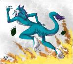 anthro blue_body blue_fur explosion explosives female fire fur grenade looking_back solo tail tongue tongue_out weapon silvergrin kymimary mammal sergal