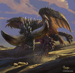 ambiguous_gender claws cloud day feral horn membrane_(anatomy) membranous_wings outside quadruped rock sharp_teeth solo tail teeth wings bayard_wu capcom monster_hunter mythology dragon mythological_creature mythological_scalie nergigante scalie 2019 hi_res official_art