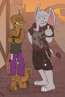 alternative_fashion anthro big_ears biped black_bottomwear black_clothing black_shirt black_shorts black_tank_top black_topwear blue_stripes bottomwear bracelet claws clenched_teeth clothing duo feet gesture green_body green_scales green_sclera grey_body grey_skin hand_gesture jewelry looking_at_viewer male middle_finger outside pants pink_bottomwear pink_clothing pink_pants proboscis_(anatomy) punk scales shirt shorts spiked_bracelet spikes striped_body stripes tail tail_tuft talons tank_top teeth toes topwear trunk_(anatomy) tuft tusks fuf dinosaur dromaeosaurid elephant elephantid mammal prehistoric_species proboscidean reptile saurischian scalie theropod 2018 2:3 hi_res