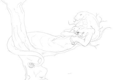 animal_genitalia anthro apode apple branch coiling food forked_tongue fruit genital_slit genitals harp in_tree legless male musical_instrument nude nude_anthro nude_male outside plant plucked_string_instrument scales serpentine simple_background smile snake_hood solo string_instrument tail tongue tongue_out tree pav ophius_(bahumot) cobra draconcopode naga reptile scalie snake sketch traditional_media_(artwork)