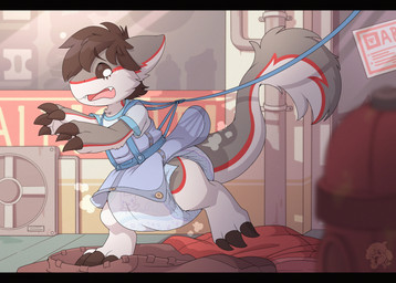 3_toes 4_fingers after_transformation age_regression ambiguous_gender anthro baby_bottle big_diaper blue_harness blue_leash blue_onesie bodily_fluids bottomwear brown_bottomwear brown_claws brown_clothing brown_hair brown_pants brown_sclera brown_tail button_(fastener) claws clean_diaper clothed clothing cloud_emanata crying detailed_background diaper diaper_package diaper_puff door emanata fan_(object) fangs feet finger_claws fingers fire_hydrant fur grey_body grey_fur hair harness leash logo multicolored_body multicolored_fur multicolored_tail on_one_leg onesie open_mouth pants pipe plushie red_body red_clothing red_fur red_tail red_topwear sign sippy_cup snapsuit solo standing tail tan_body tan_clothing tan_fur tan_shirt tan_tail tan_topwear tears teeth text toe_claws toes topwear wearing_diaper window bubblepuppers cryo_lithius sergal absurd_res artist_logo character_name hi_res letterbox source_request